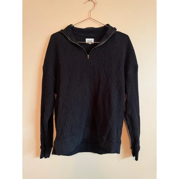 MATE Waffle collared 1/2‎ zip Pullover Size M Black Organic Waffle Sweatshirt - Image 5