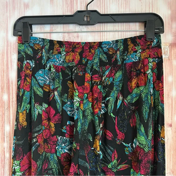 Mudd Y2K Pull On Flare Leg Boho Black Floral Red Tropical Blue Print Pants Sz M - Image 7