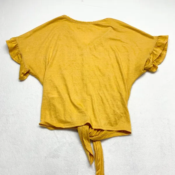 Max Studio Tie Front Ruffle Sleeve Top Women L Yellow Button Up Slub Knit Size L - Image 10