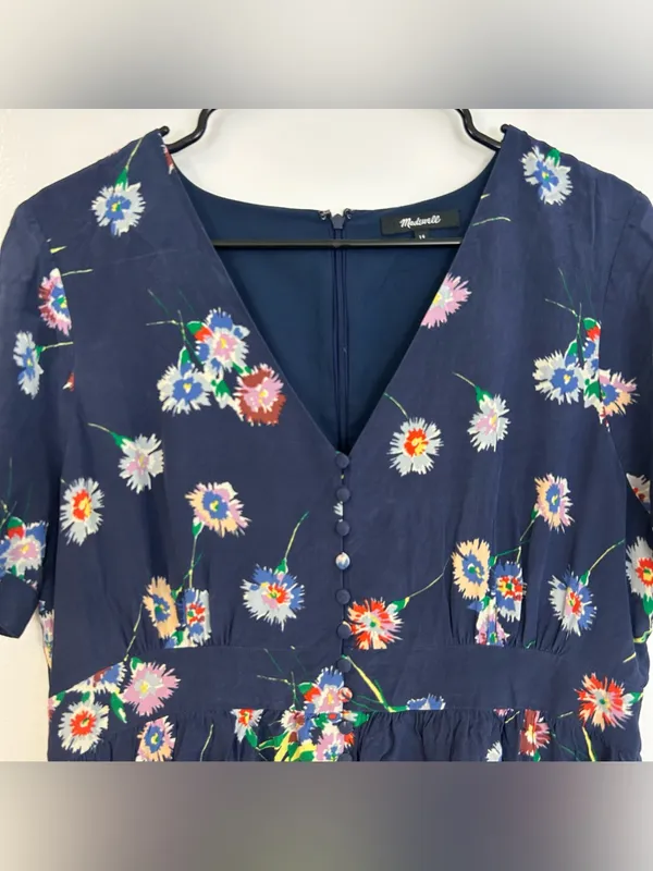 Madewell Blue 100% Silk Button-Front Short Tie-Sleeve Floral Mini Dress Size 14 - Image 5