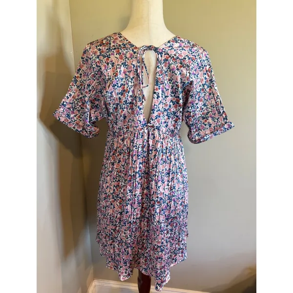 Lulus Floral Print Mini Dress V Neck Empire‎ Waist Tie Back Short Sleeve S - Image 2