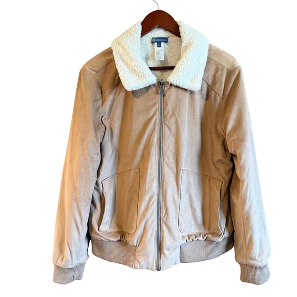 Democracy Large Faux Suede Sherpa Lined Warm Bomber Jacket Tan Large - Image 2