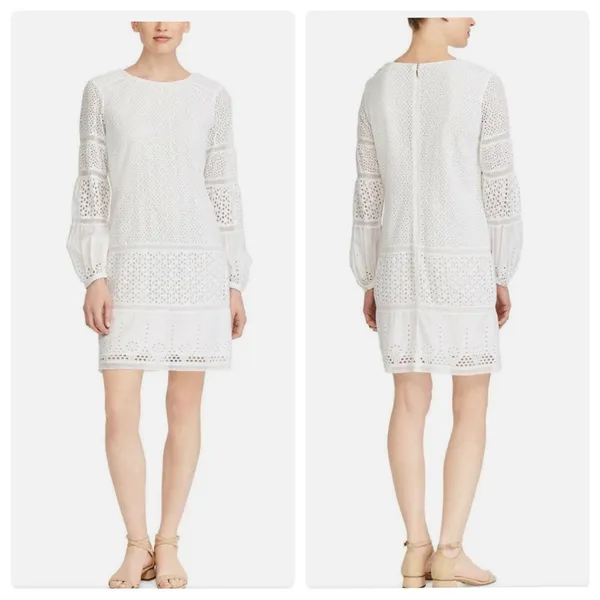 Lauren Ralph Lauren White Cotton Voile Floral Eyelet Long Sleeve Dress‎ Boho - Image 2