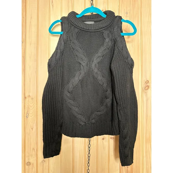 Intermix Black Merino Wool Elora Cold Shoulder Sweater Cable Knit Rustic Size S - Image 2