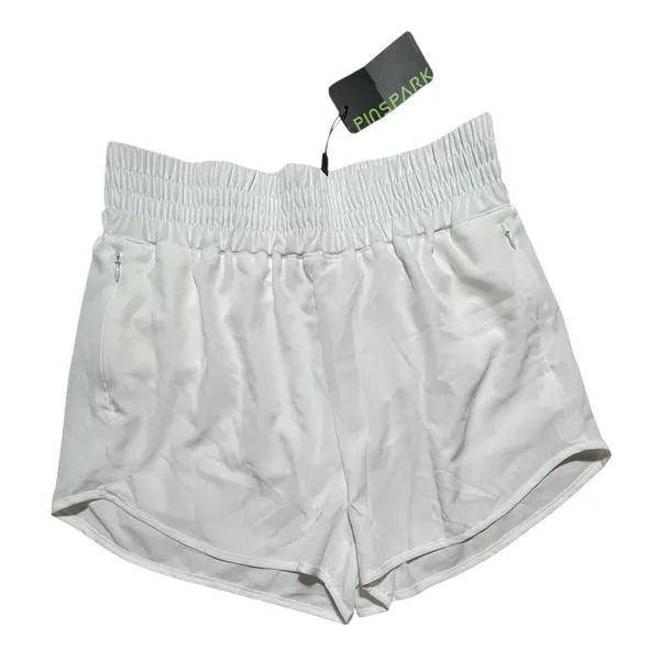 Pinspark Womens White High Waisted Running Shorts Smocked Waist Zipper Pockets M - Image 2