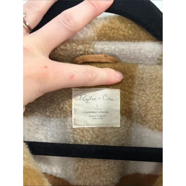 Rylee + Cru Tan and Cream Plaid Wool Sherpa Shacket Coat - Image 2