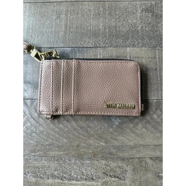 Steve Madden card case beige pebbled faux leather gold-toned hardware wristlet - Image 2