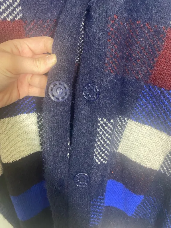 Janice Apparel Womens Cardigan Sweater Blue Plaid Button Front Fuzzy Knit XL XXL - Image 4