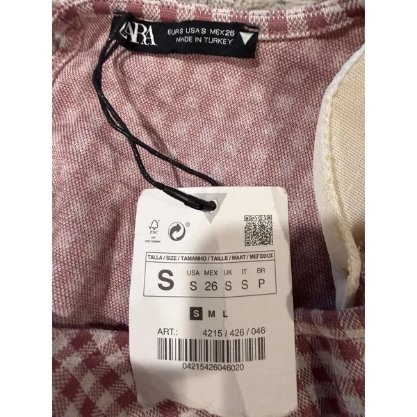 ZARA Women's Pink White Gingham Mini Dress Puff Shoulder Sleeveless Size Small - Image 5
