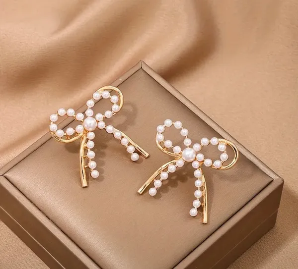 Double layer pearl & gold coquette bow earrings trendy bow earrings bow jewelry - Image 3