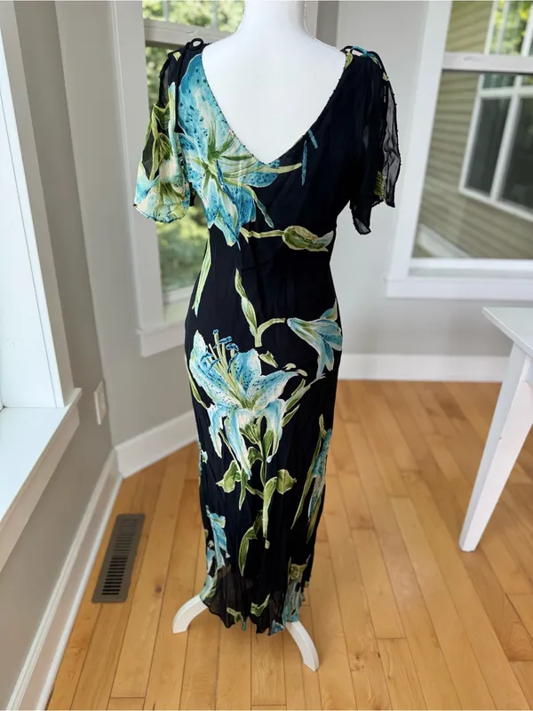 Vintage 90’s Dressbarn Black Blue Floral Beaded V Neck Bias Cut Slip Dress Sz M - Image 4