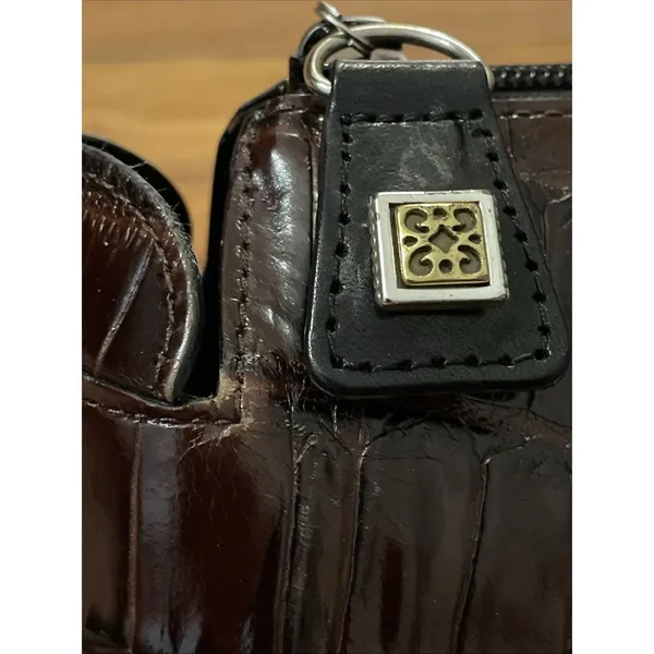 Brighton Vintage Croc Embossed Leather Shoulder Bag Brown Black Trapezoid Purse - Image 10