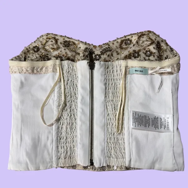 Kimchi Blue Beaded‎ Bustier Corset Top Strapless Cream Gold Floral Women's S - Image 8