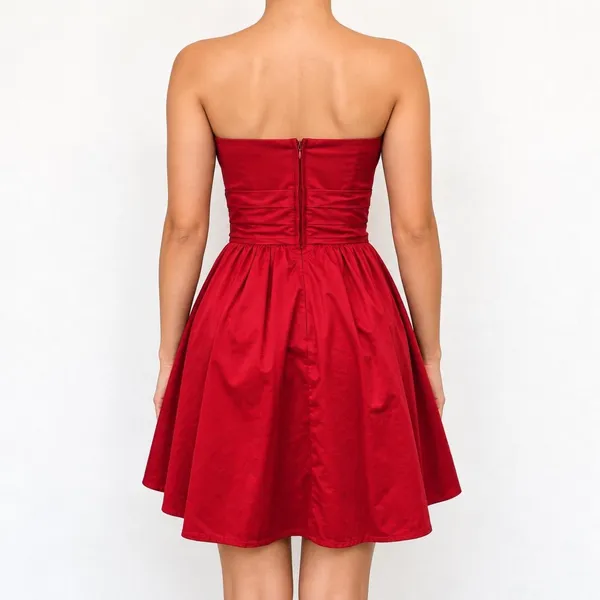 David’s Bridal Red Strapless Fit Flare Dress Sz 12 Romantic Coquette Party Cocktail Wedding Guest Y2K Pleated bust, ruched waist, full A-line skirt, and back zipper. Romantic coquette, feminine, elegant, vintage-inspired, Y2K, timeless, cocktail, party, wedding guest, bridesmaid, homecoming, prom, Valentine’s Day, Christmas, holiday, date night, engagement, rehearsal dinner, semi-formal, formal, special occasion. - Image 4