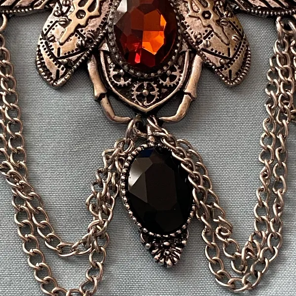 22” Necklace Silver Tone Beetle Pendant 4.5”W Stones Steampunk Goth Gothic - Image 3