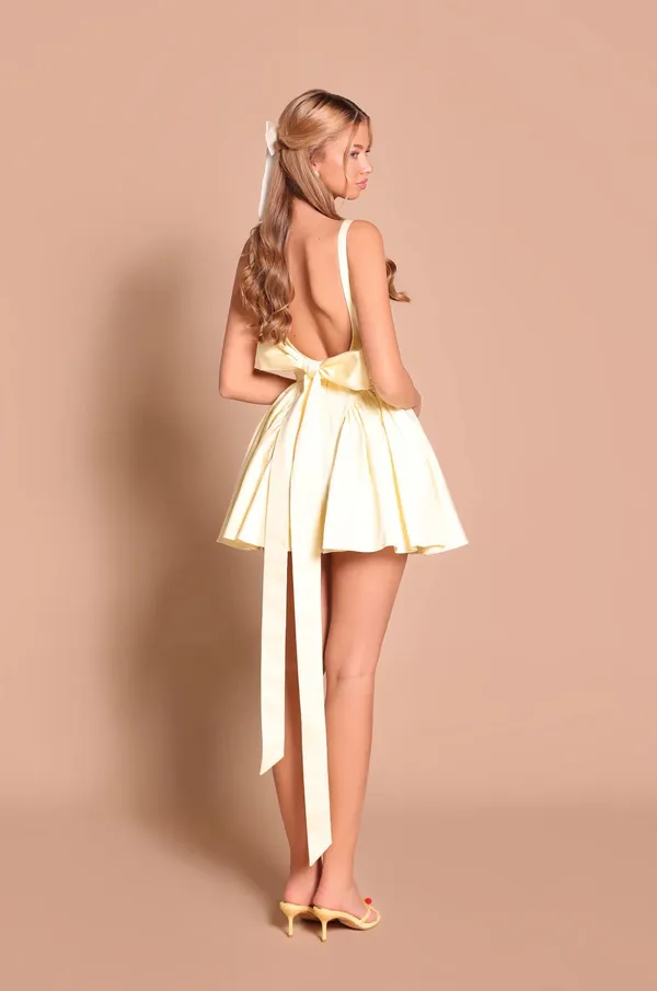Oh pretty buttercup yellow open back mini dress with bow on the back - Image 5