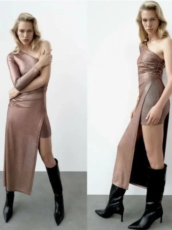 NWT Zara Metallic Bronze One Shoulder Ruched High Slit Asymmetrical Maxi Dress S - Image 2