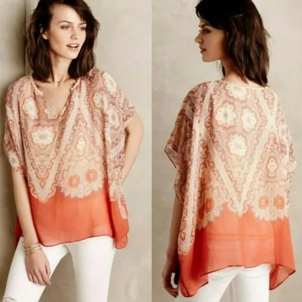 Maeve Anthropologie Nalina 100% Silk Blouse Large Orange Paisley Boho Kimono Top - Image 2