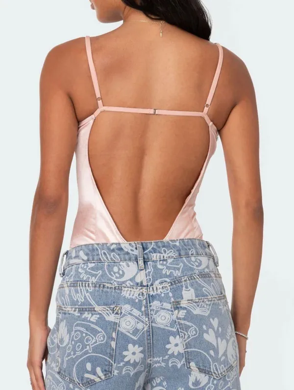 Edikted Pink Satin Open Back Bodysuit - Image 2