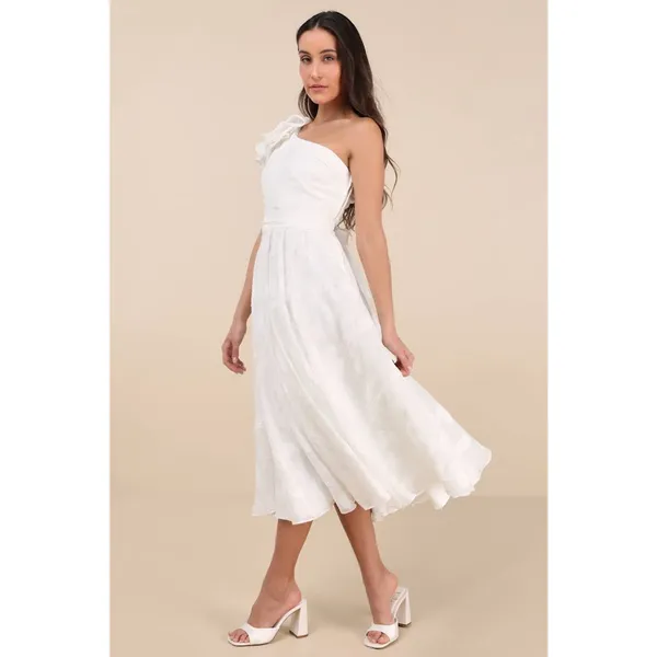 NWT Lulus Sweet Definition White Burnout Ruffled One-Shoulder Midi Dress Size XL - Image 4