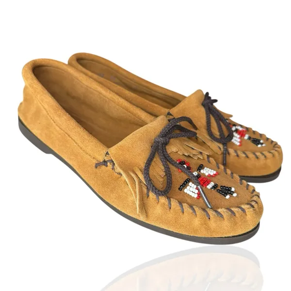 Minnetonka Thunderbird Animikii Moccasins Womens Size 10 Beaded Fringe Slip On‎ - Image 3
