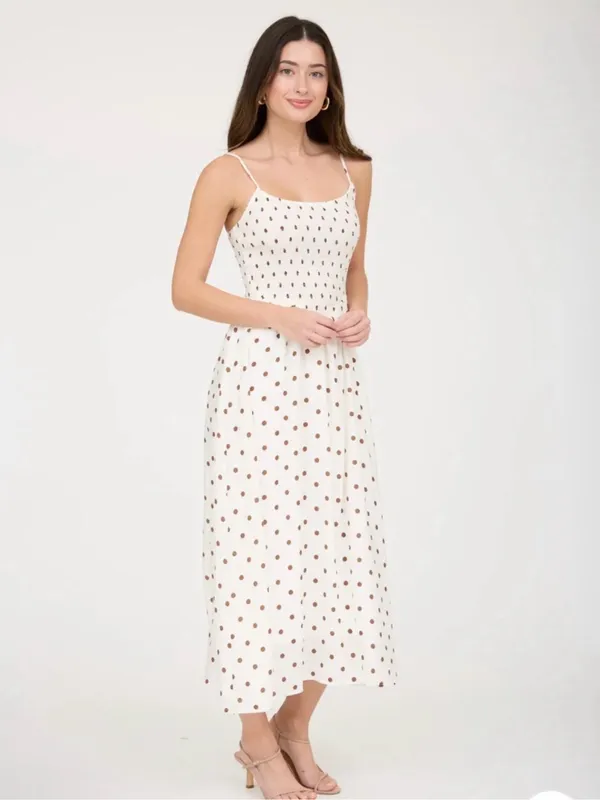 Blu Pepper White Polka Dot Smocked Basque Waist Midi Dress Medium - Image 6