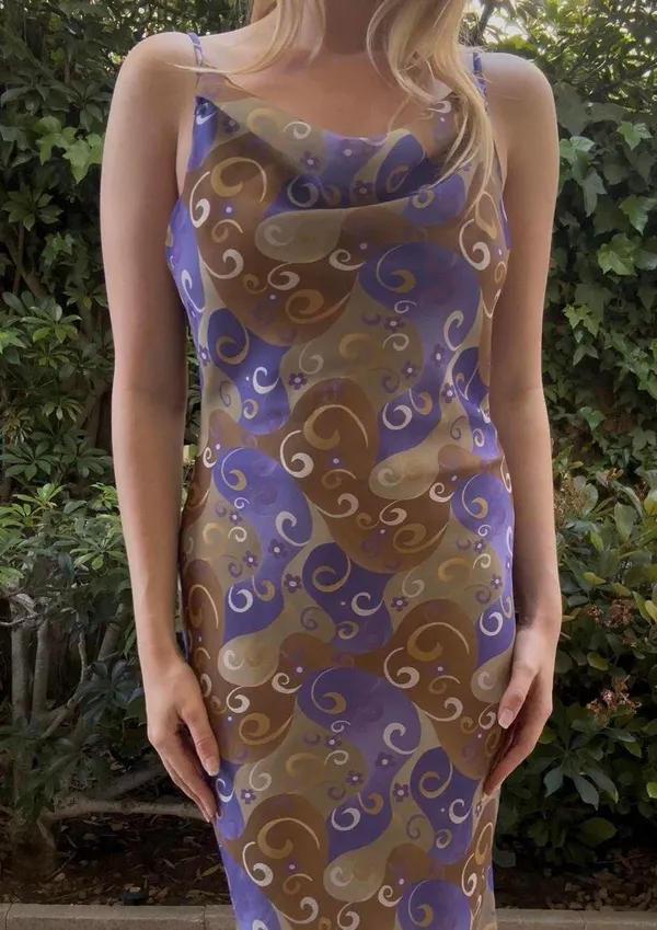 Vintage Purple Swirl Cowl Neck Midi Dress - Image 5