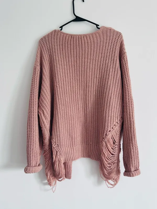 Blush Pink Chunky Knit Fringe Cardigan Oversized Boho Cozy Sweater - Image 4