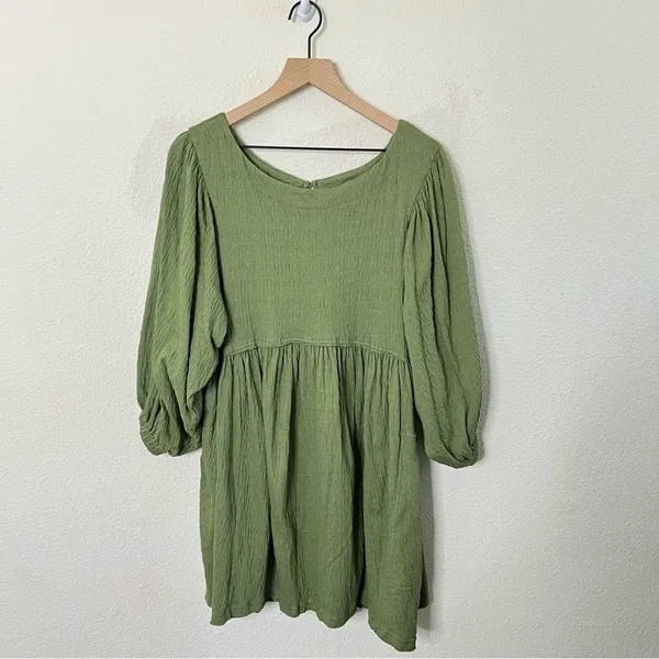 Free People Beach Green Get Obsessed Babydoll Mini Dress Long Balloon Sleeve‎ XS - Image 5