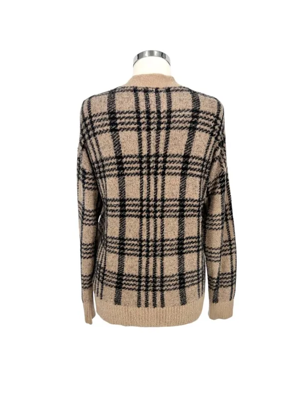 Joie Plaid Cardigan V-Neck Sweater Beige Black Size Large Preppy Grandpacore - Image 6
