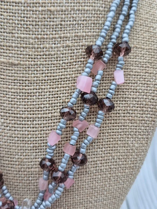 Artisan Silver & Pink Beaded Necklace With Glass Floral Heart Pendant 21" Fairy - Image 4
