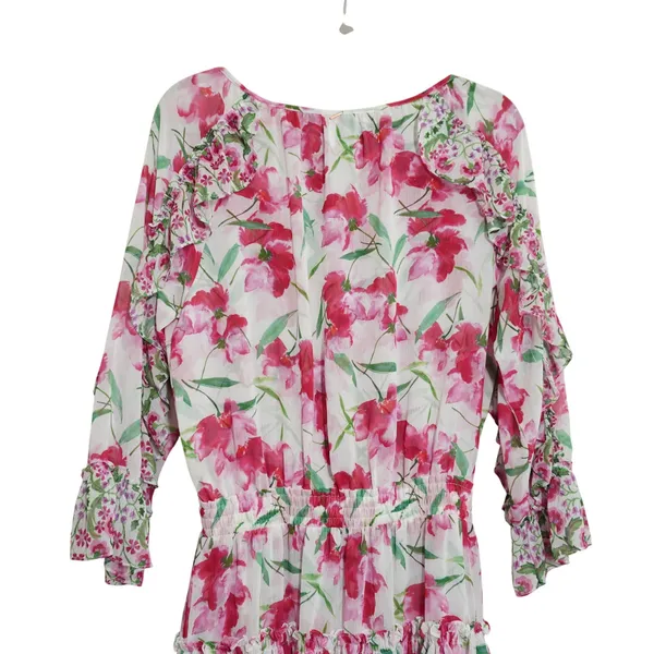 MISA Los Angeles Size Medium Pink Floral‎ Ruffle Mini Dress Smocked Waist Girly - Image 10