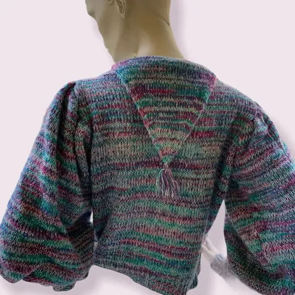 80’s Gitano balloon sleeve purple and teal marled knit sweater - Image 2