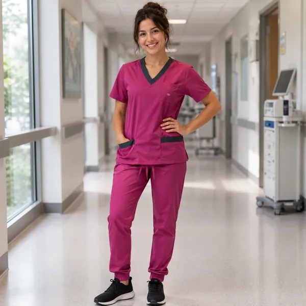 New York Laundry Medics Burgandy Shorts Sleeve Scrub Top, S - Image 3