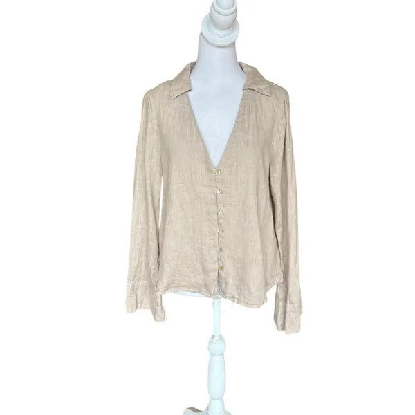 ZARA Linen Blouse Flared Bell Sleeves Button Up V Neck Beige Womens Small - Image 2