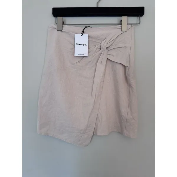 Showpo Kiandra Wrap Mini Skirt Womens Sz 4 Beige Knot Detail Side Zip Lined NWT - Image 3
