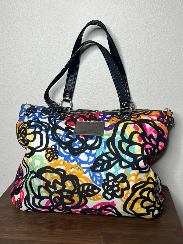 Coach Poppy Graphic Blossom Graffiti Colorful Floral Tote Purse - Image 2