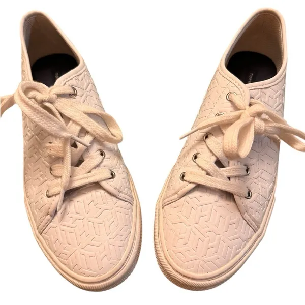 Tommy Hilfiger Toni Monogram Canvas Sneakers White Lace Up Women's 8.5M in GUC - Image 3