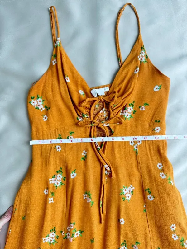 ASTR The Label Mustard Floral Ruched Midi Slip Dress Size S Tie Front Summer - Image 12