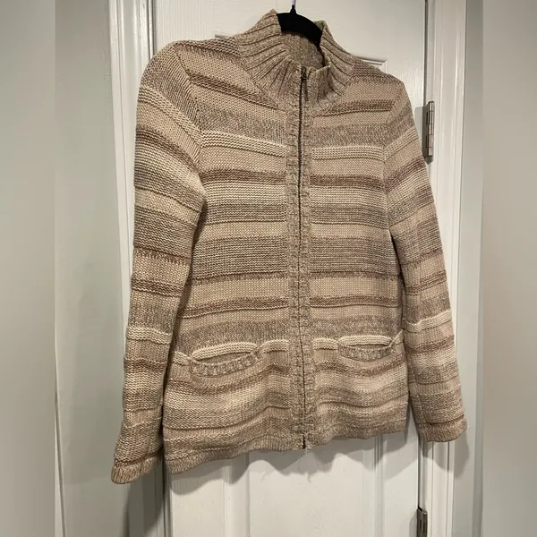 L.L. Bean Tan Striped Cotton Mock Neck Full Zip Knit Cardigan Sweater Size S P - Image 3