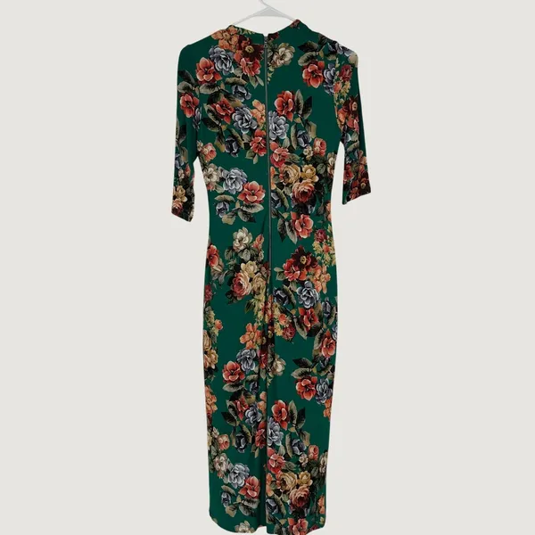 Alice + Olivia Delora Green Floral‎ Midi Dress Size 4 3/4 Sleeve Bodycon - Image 2