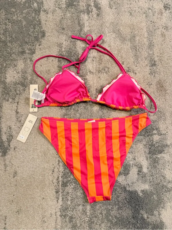 Women's No Boundaries Pink & Orange Striped Triangle Bikini - Image 4