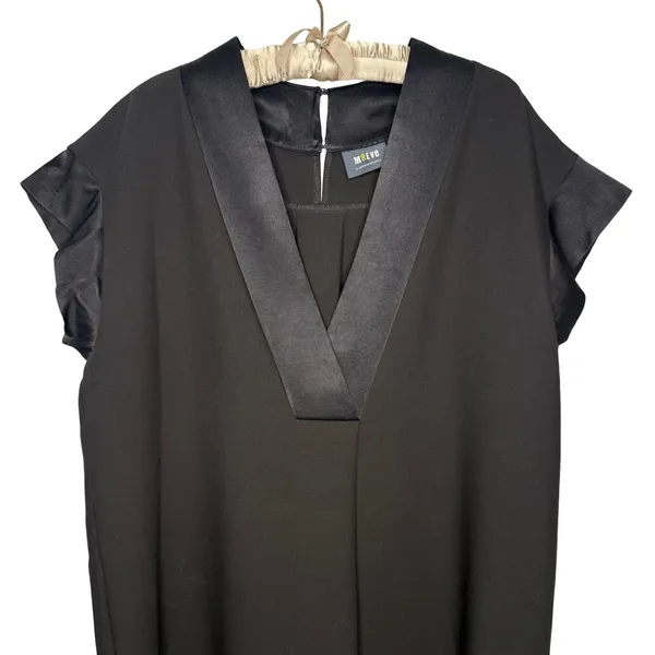Maeve by Anthropologie XL Sleeveless Black Shift‎ Dress Pleated Front Satin Trim - Image 3