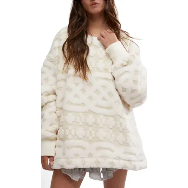 NWOT Free People Cable Knit Faux Fur Oversized Sweatshirt | Ivory Cream Sz Small - Image 5