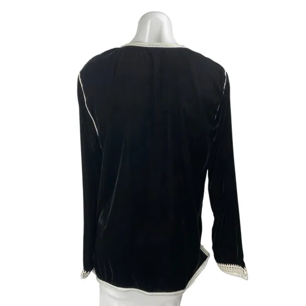 Women's Black Velvet Velour Moroccan Long Sleeve Embroidered Zip Up Blouse Top M - Image 2