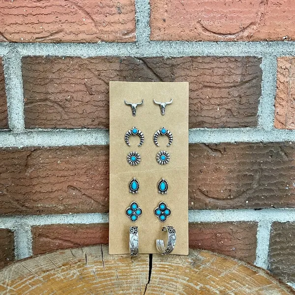 Longhorn Stud Earring Set with Hoops Blue - Image 2