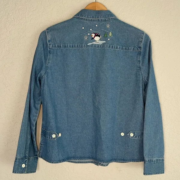 Christopher & Banks Denim Embroidered Button Up Shirt Polar Bear Snow Teacher - Image 4