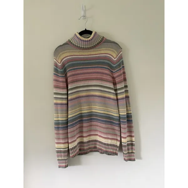 Vtg 90s Y2K Happy Stripe Izod Pastel Colorful Knit Turtleneck Sweater M - Image 3