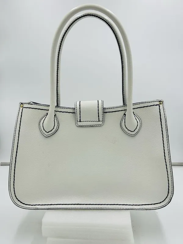 Antonio Melani White Leather Satchel Bag Magnetic Closure Blue Trim - Image 7