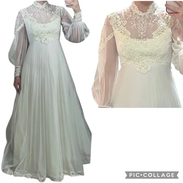 Vintage 1960s Lace Illusion High Neck Bridal Wedding Gown w/ Train XS - Image 2